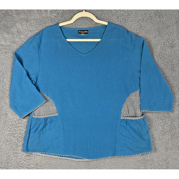 Dragonfly Artisian Women Turquoise Blue Blk Wh Pullover Cotton Blouse Sz XL Boho - Picture 1 of 6